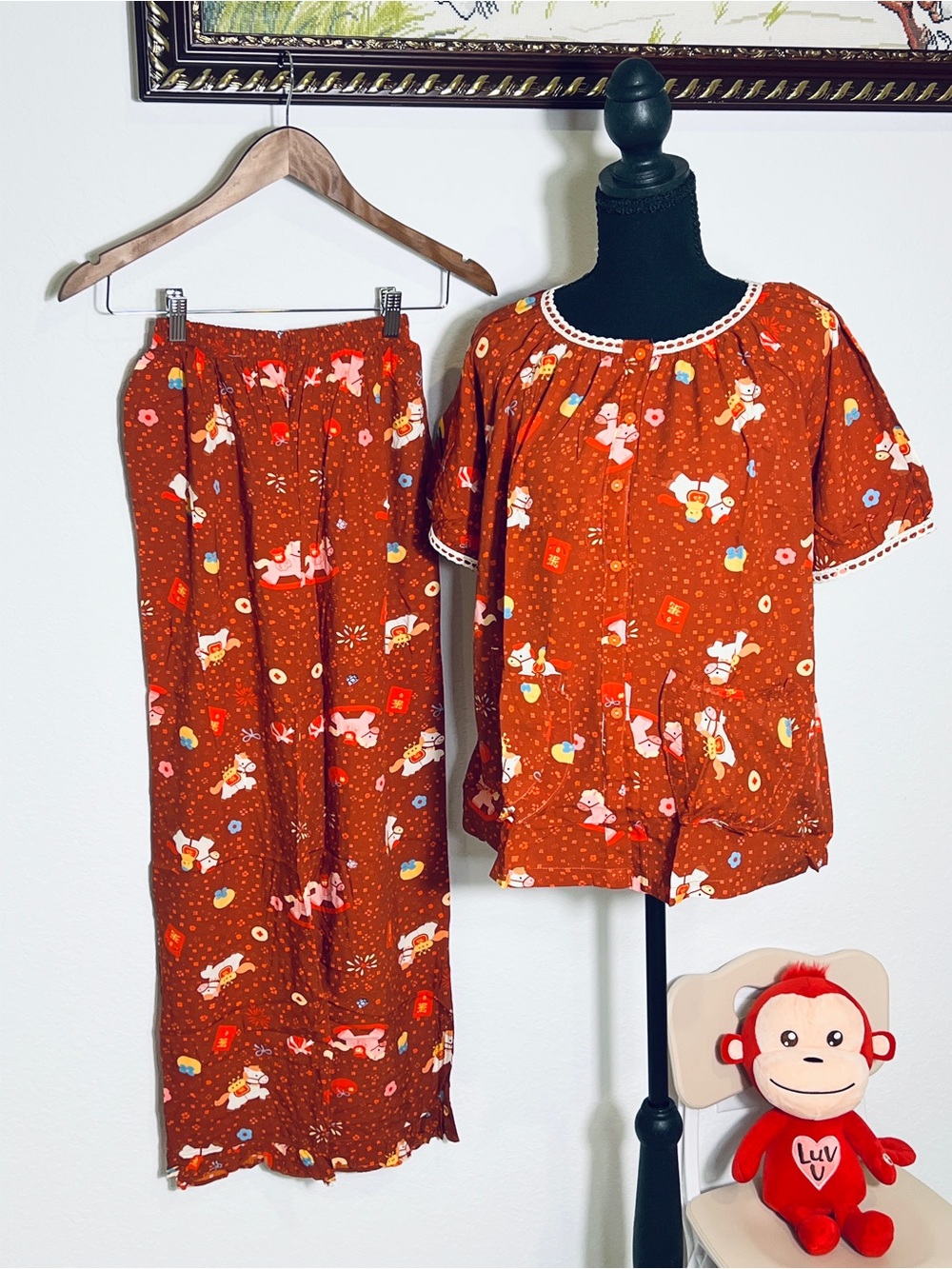 Women’s Brown Printed Two-Piece Pajama Set with Playful Motif